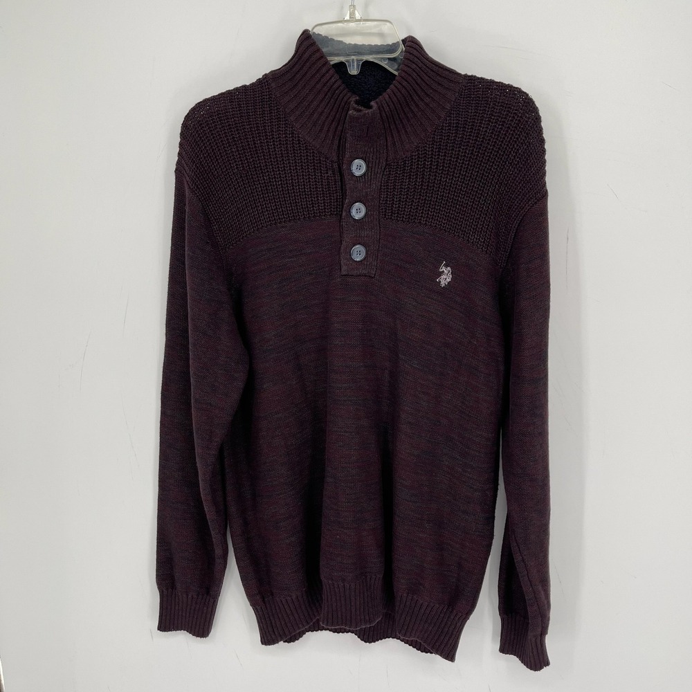 U.S. Polo Assn. Men's Burgundy Marled Quarter Button Mock Neck Sweater Size L
